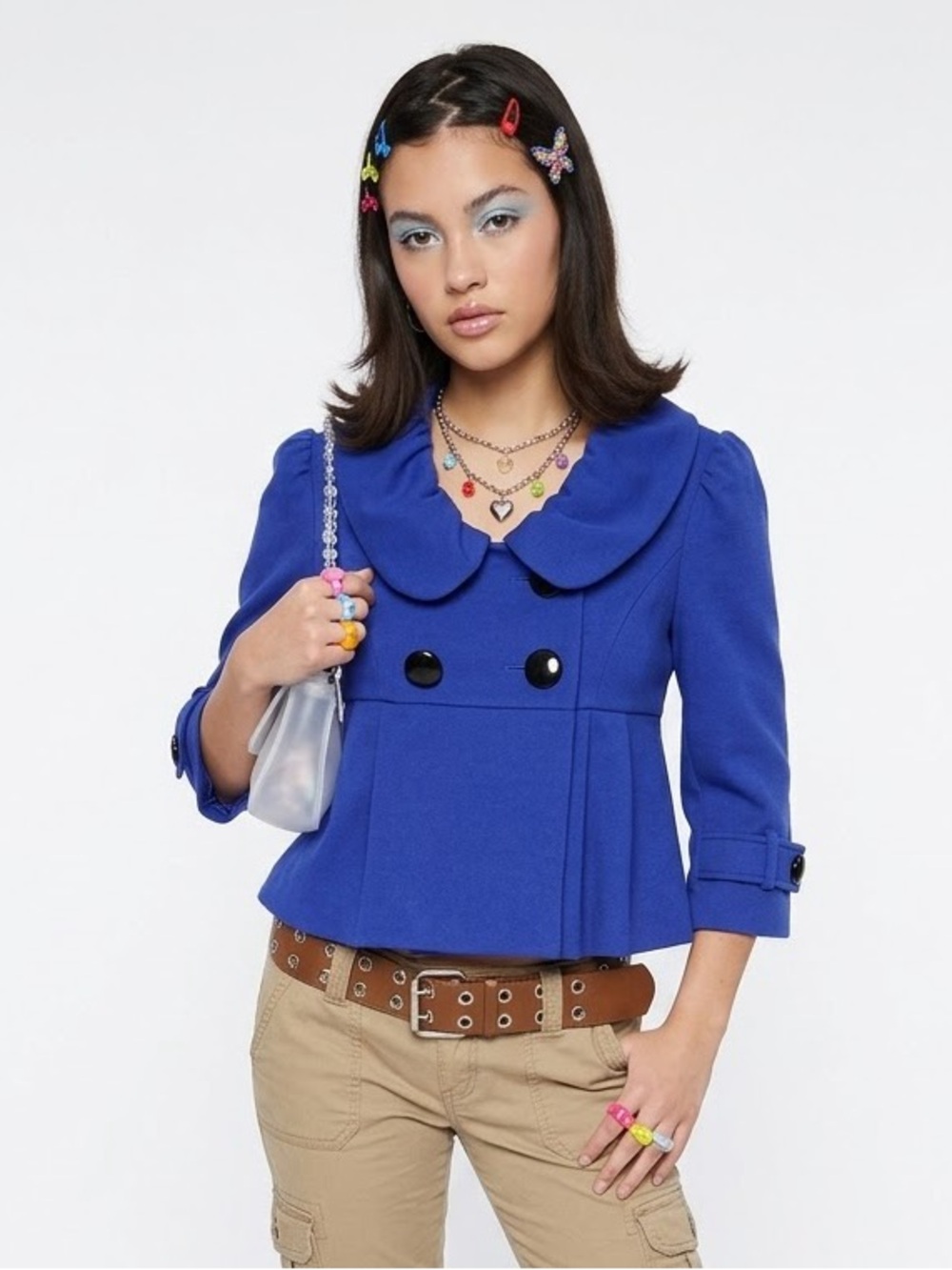 Y2K Cobalt Blue Cropped Pleated Peplum Jacket Peter Pan Collar Twee Feminine